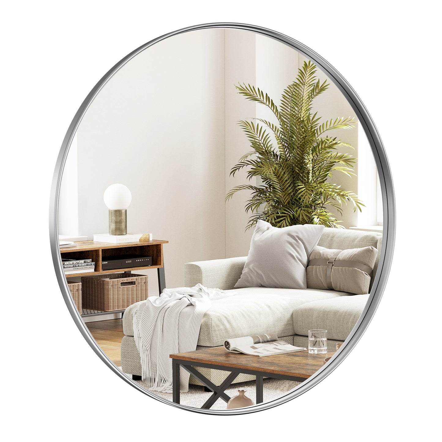 PAIHOME Silver Decorative Wall Mirror, Round Vanity Mirror, Iron Frame Modern Bathroom Mirror