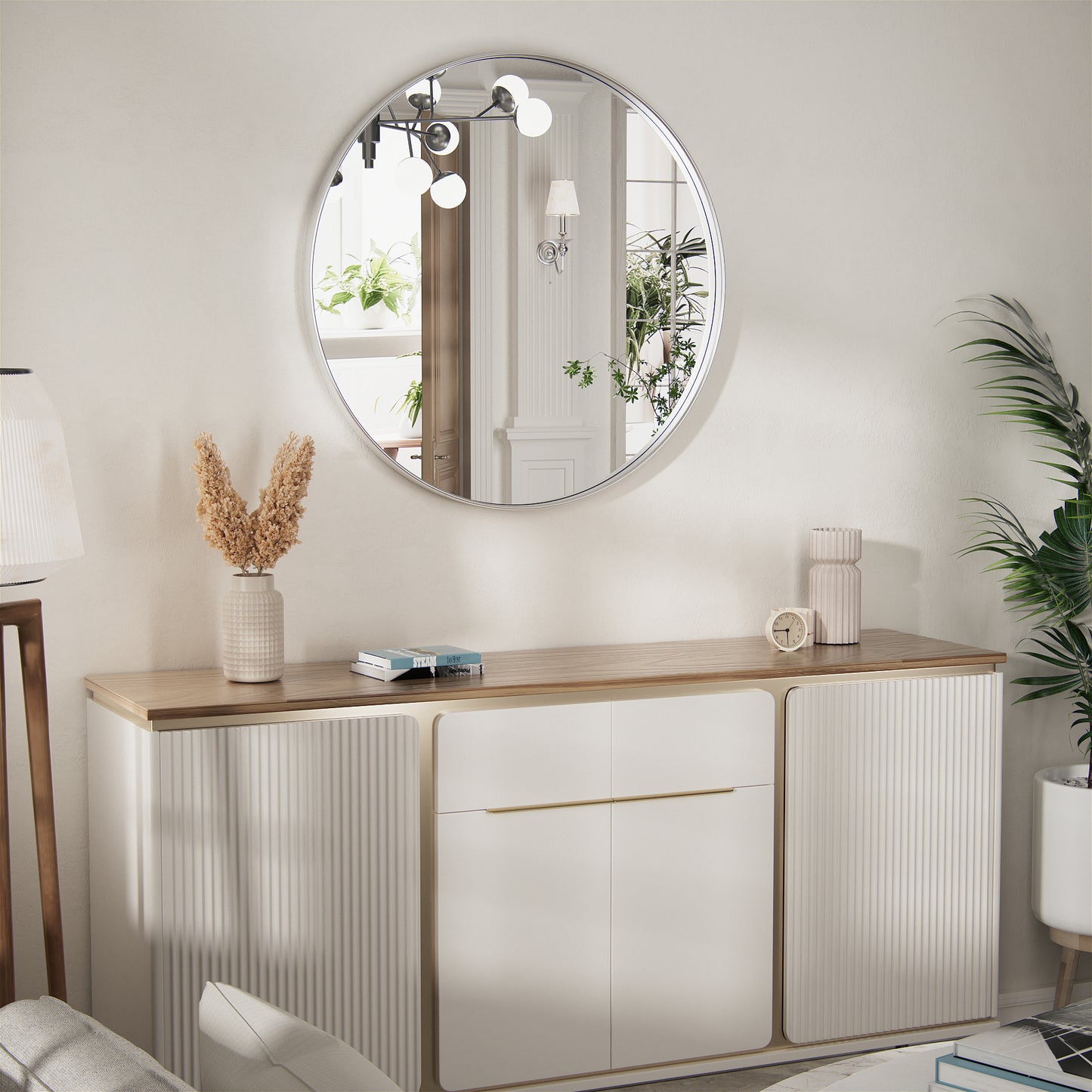 PAIHOME Silver Decorative Wall Mirror, Round Vanity Mirror, Iron Frame Modern Bathroom Mirror