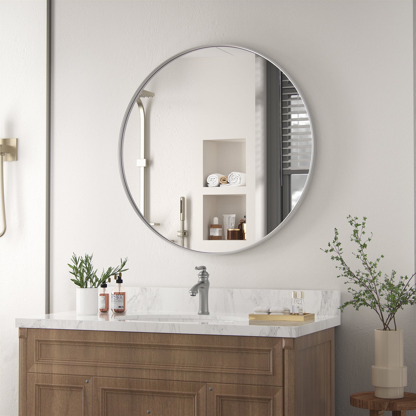 PAIHOME Silver Decorative Wall Mirror, Round Vanity Mirror, Iron Frame Modern Bathroom Mirror