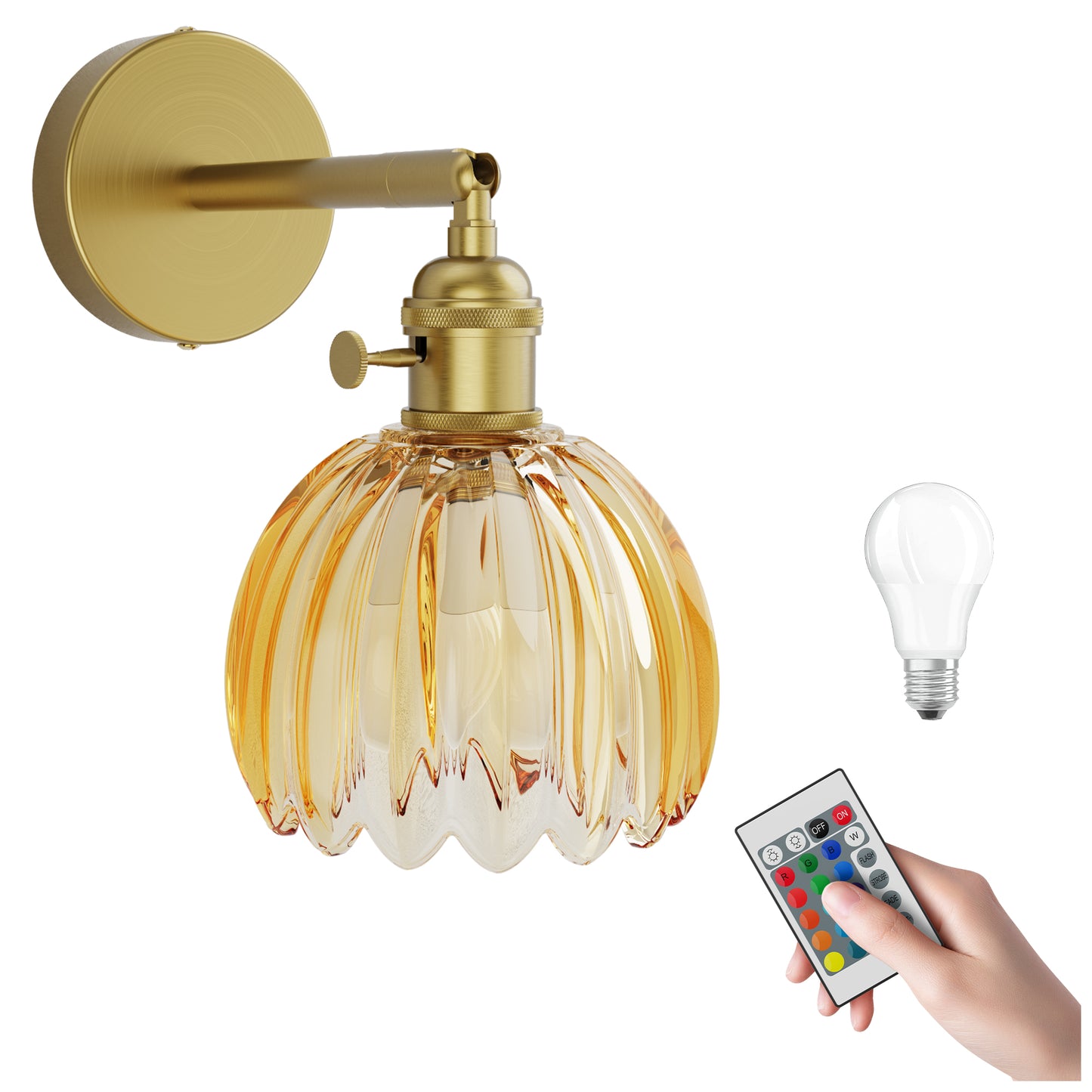Gold Brass Wall Sconce with Rotating Steel Arm, Remote Control Wall Light, Tulip High-Transmittance Glass Shade for Bedroom
