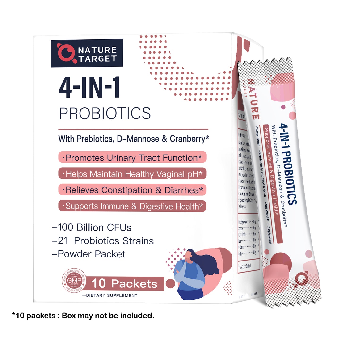 NATURE TARGET Women 4 in 1 Probiotics 100Billion CFU with D-Mannose and Cranberry -45packets