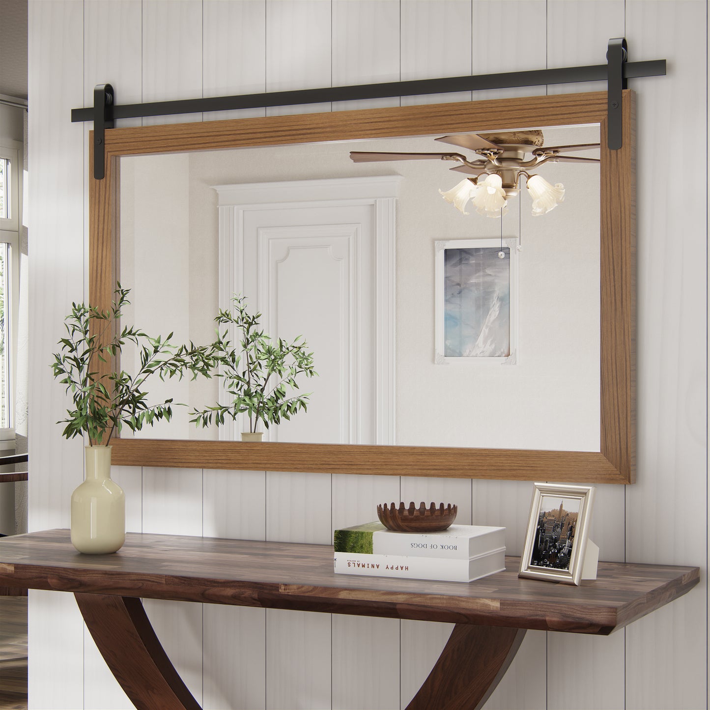 PAIHOME Wood Frame Wall Mirrors, Farmhouse Rectangle Vanity Mirror, Barn Door Bathroom Decorative Mirror