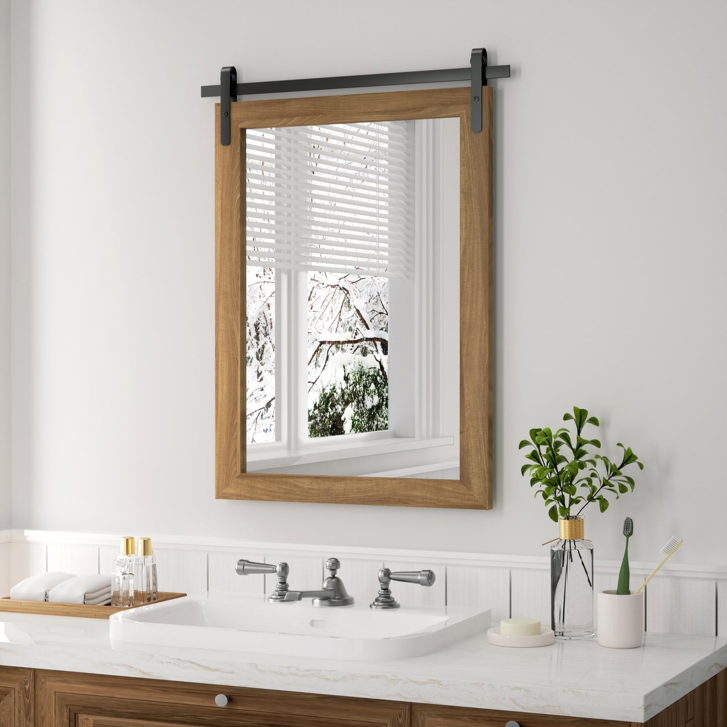 PAIHOME Wood Frame Wall Mirrors, Farmhouse Rectangle Vanity Mirror, Barn Door Bathroom Decorative Mirror