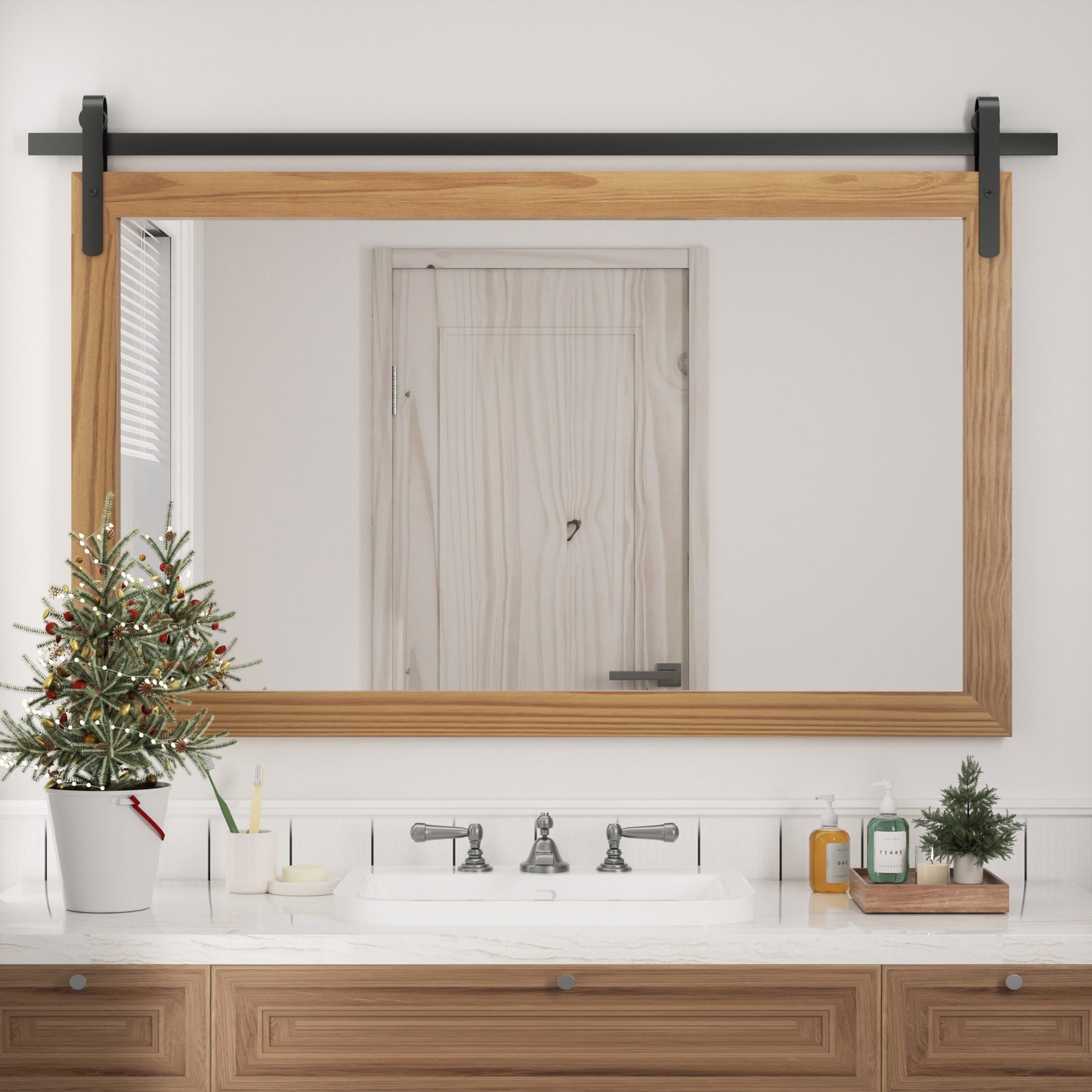 PAIHOME Wood Frame Wall Mirrors, Farmhouse Rectangle Vanity Mirror, Barn Door Bathroom Decorative Mirror