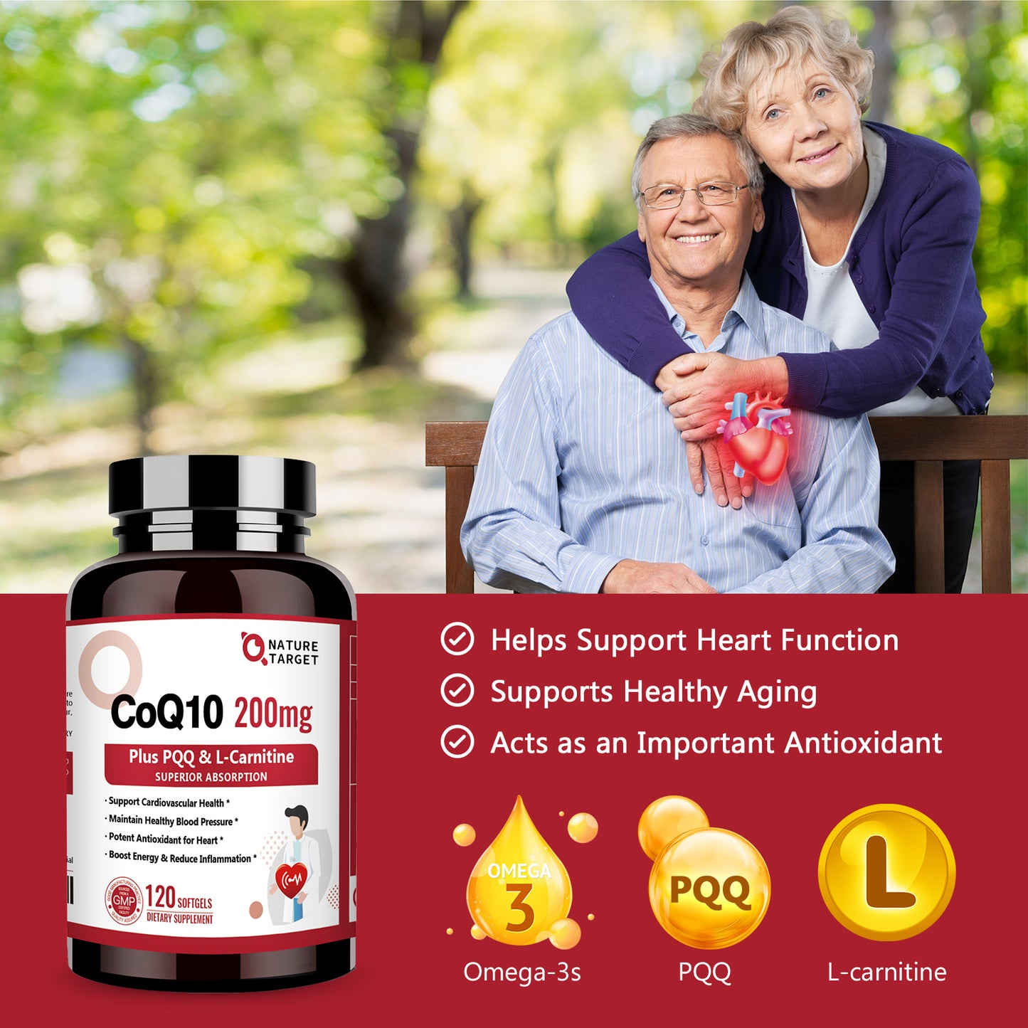 Nature Target CoQ10-200mg softgels +PQQ+L-Carnitine+Omega-3s, High Absorption with BioPerine, Supports Heart, Immune & Energy - 120 Servings