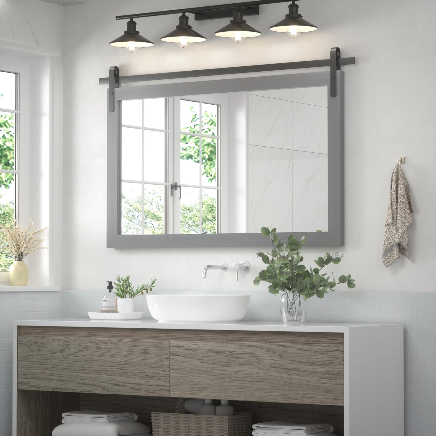 PAIHOME Wood Frame Wall Mirrors, Farmhouse Rectangle Vanity Mirror, Barn Door Bathroom Decorative Mirror