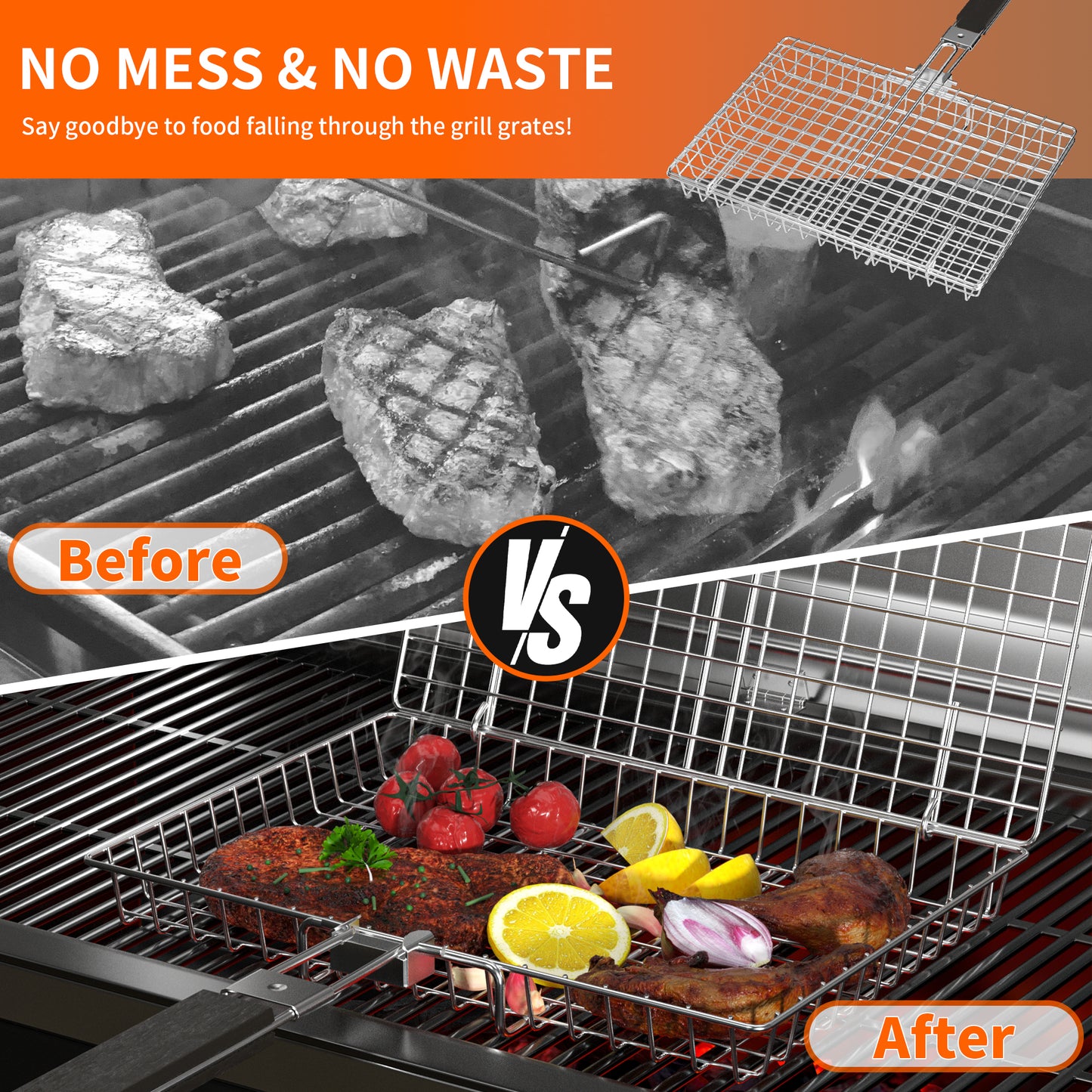 PAIHOME Stainless Steel BBQ Grill Basket with Cleaning Brush, Locking Non-Stick Grilling Tool for Ingredients, Outdoor Barbecue Accessories