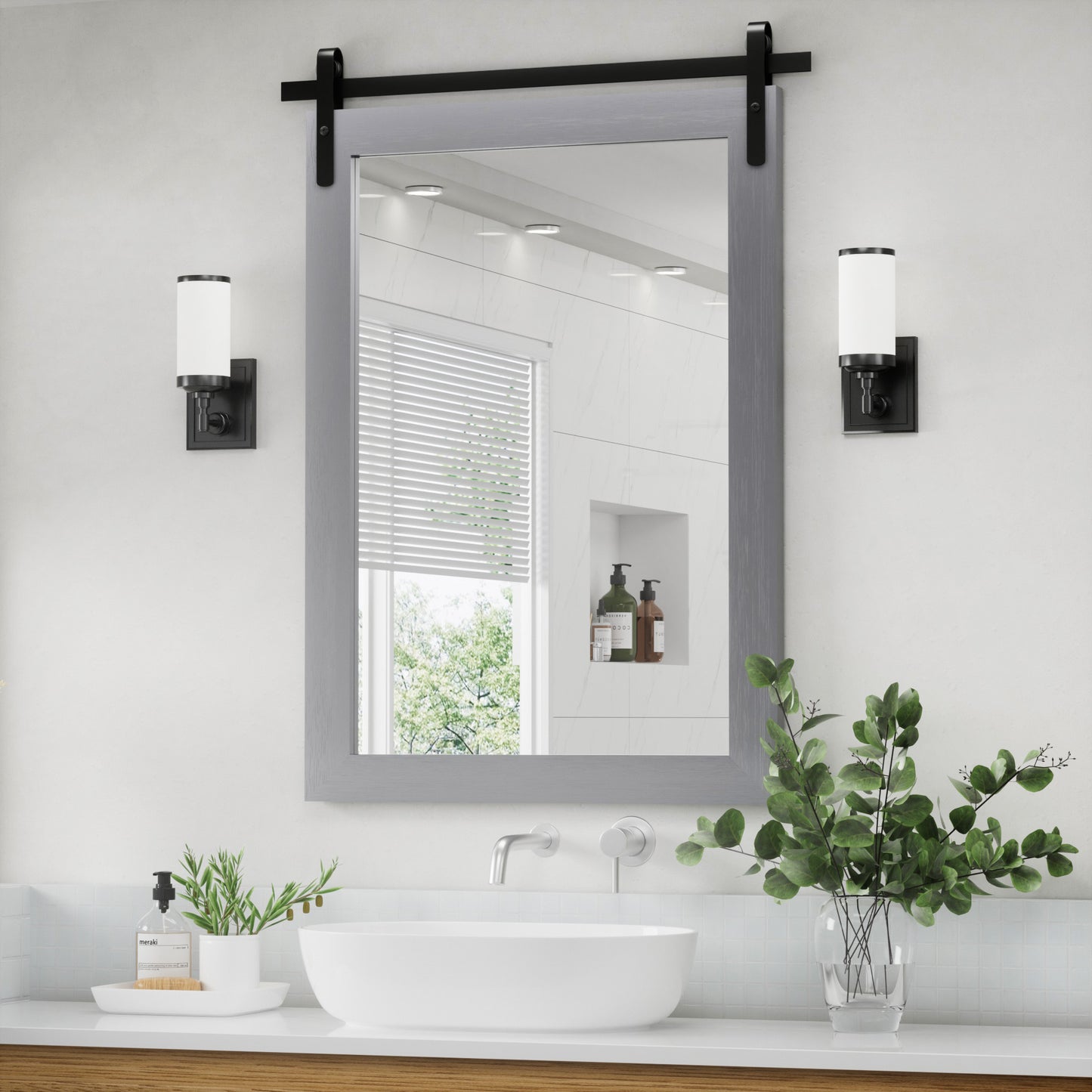 PAIHOME Wood Frame Wall Mirrors, Farmhouse Rectangle Vanity Mirror, Barn Door Bathroom Decorative Mirror