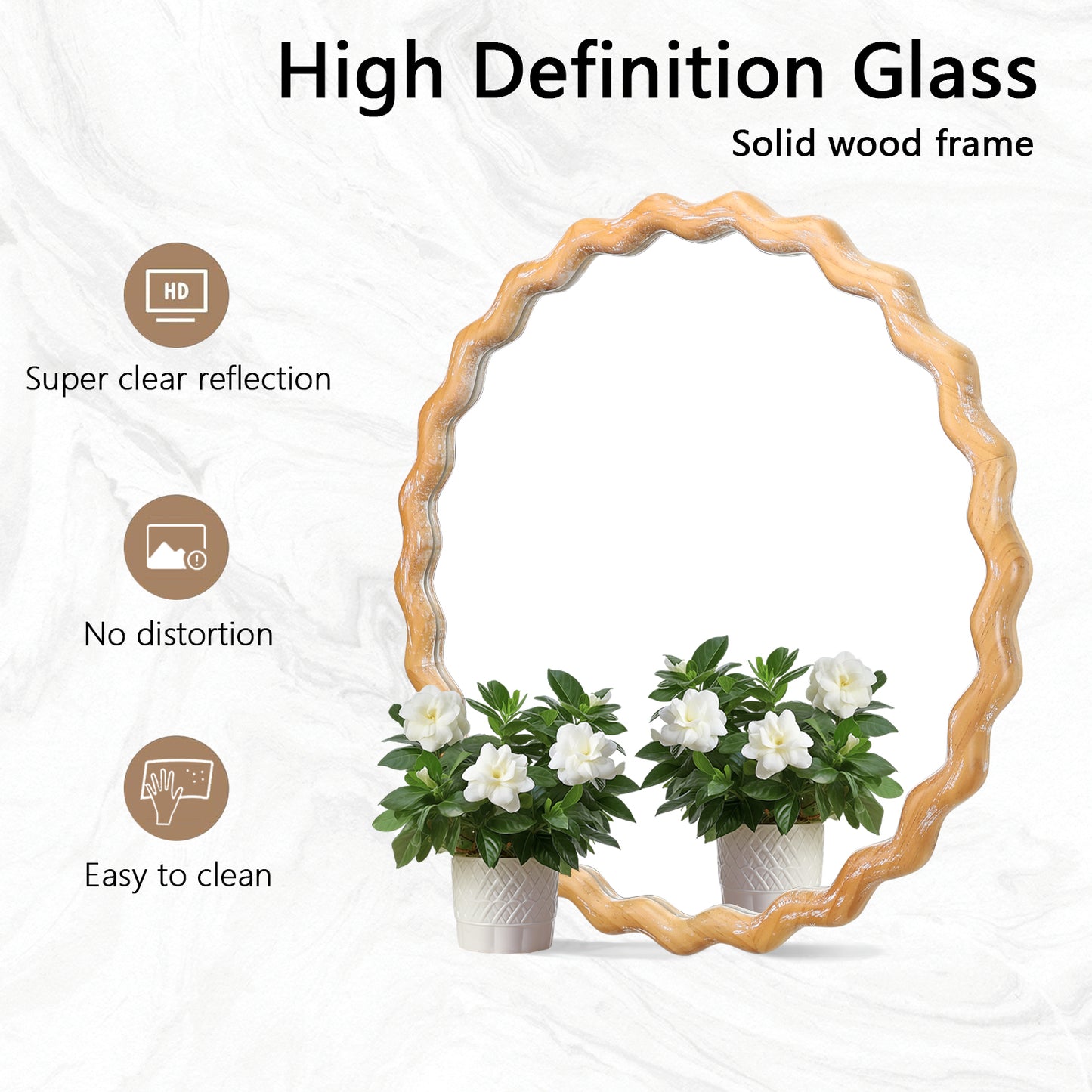 27.5" Round Wavy Bathroom Wall Mirror with Whitewash Edge, Wooden Farmhouse Circle Vanity Mirror - PAIHOME