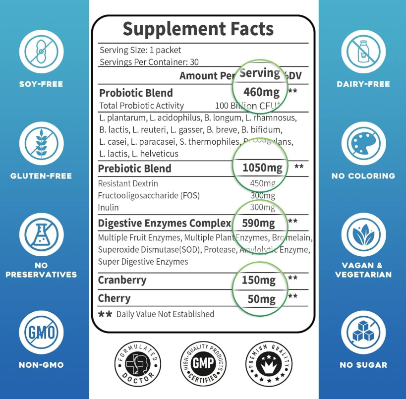 ZEBORA Probiotics for Women & Men - 100 Billion Plus Digestive Enzymes & Prebiotics, Highest Potency 3-in-1 - 30 packets