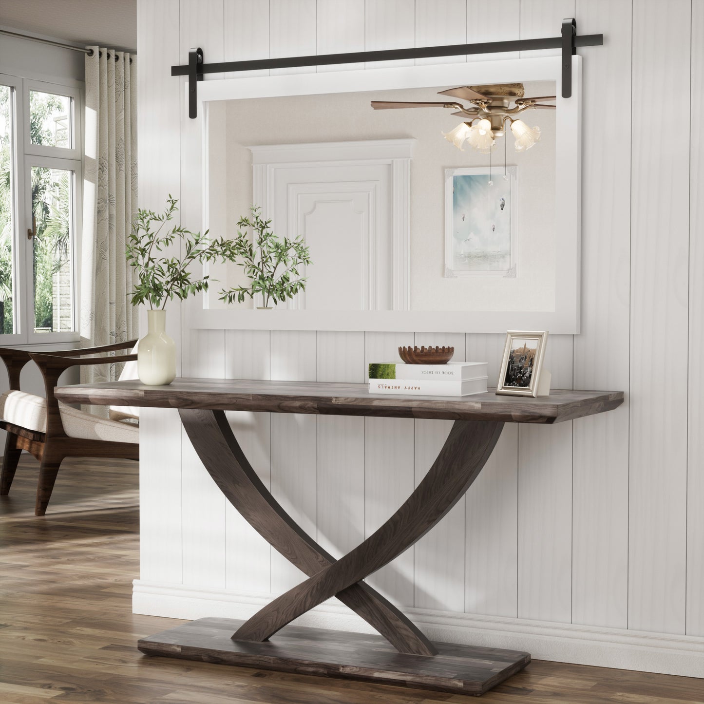 PAIHOME Wood Frame Wall Mirrors, Farmhouse Rectangle Vanity Mirror, Barn Door Bathroom Decorative Mirror