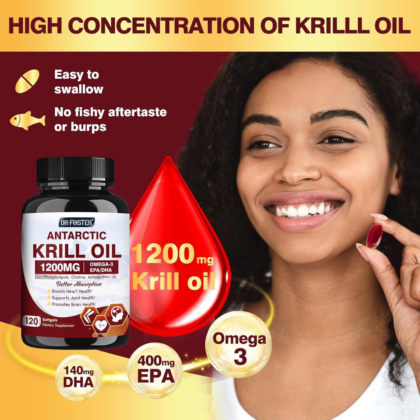 Krill Oil 1200mg, Antarctic Krill Oil Omega 3 Supplement with EPA, DHA,Astaxanthin & Phospholipids for Heart & Brain & Joint Health, No Fishy Aftertaste,120 Softgels (60 Servings)