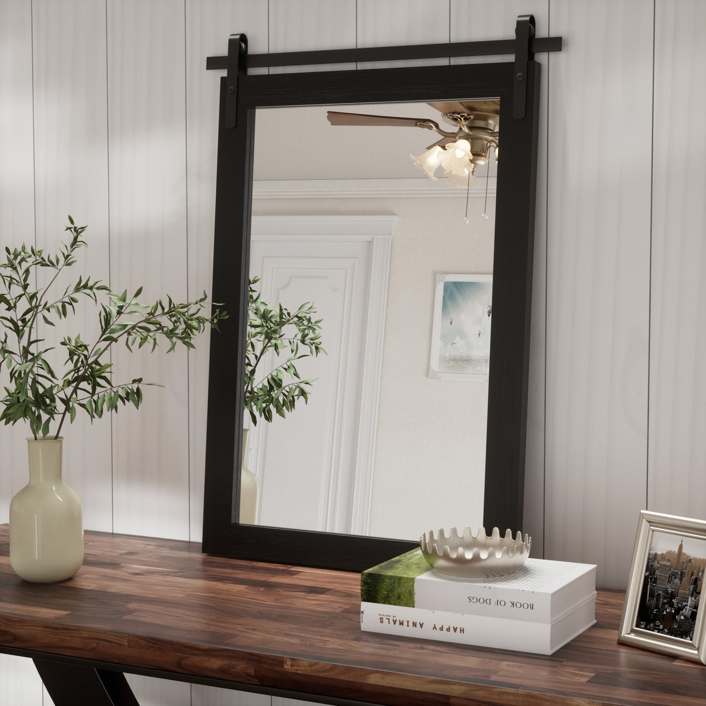 PAIHOME Wood Frame Wall Mirrors, Farmhouse Rectangle Vanity Mirror, Barn Door Bathroom Decorative Mirror