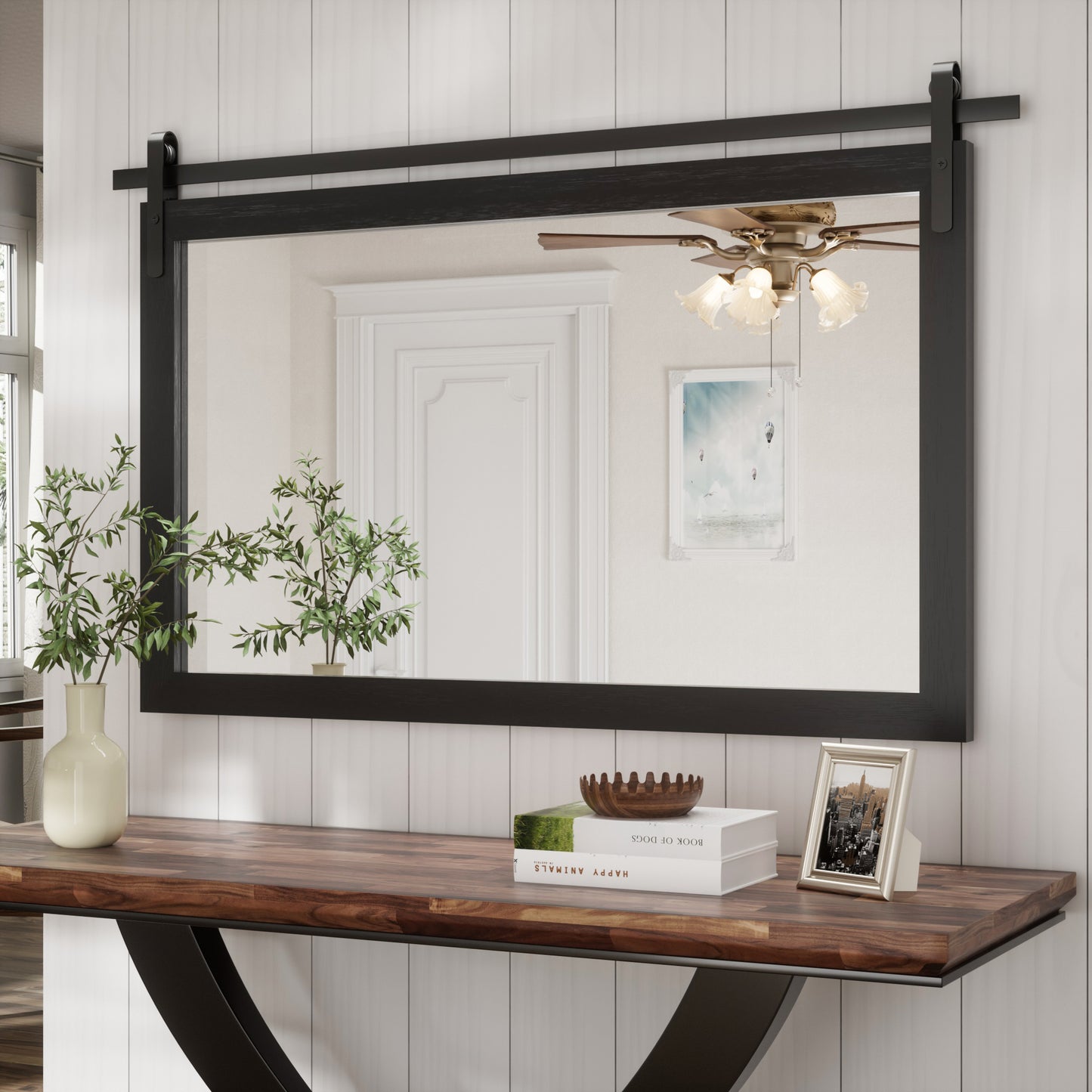 PAIHOME Wood Frame Wall Mirrors, Farmhouse Rectangle Vanity Mirror, Barn Door Bathroom Decorative Mirror