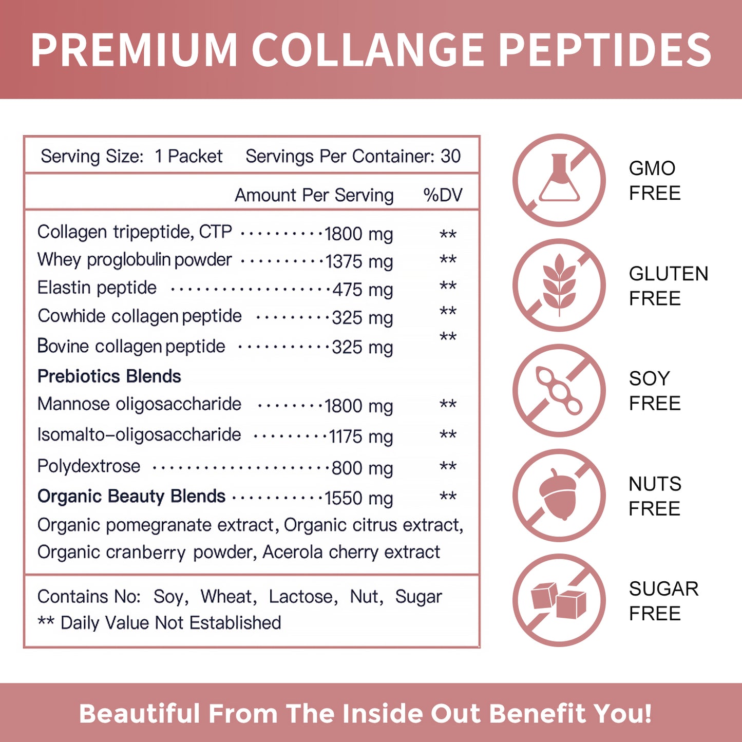 NATURE TARGET Multi Collagen Peptides Powder - Type I, II, III, V, X - Hydrolyzed Collagen Peptides with Prebiotics - 30 packets