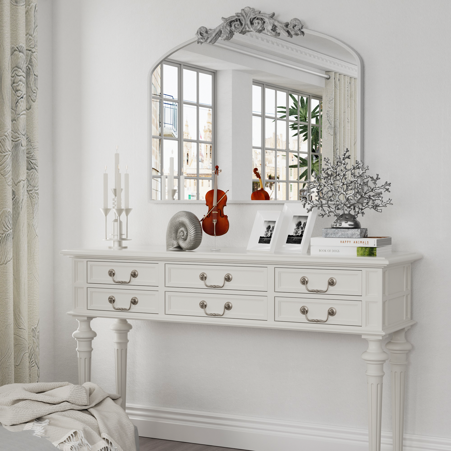 PAIHOME Vintage Arched Wall Mirror with Baroque Carving - Thin Frame Antique Mirror for Living Room, Hallway, and Bathroom Decor