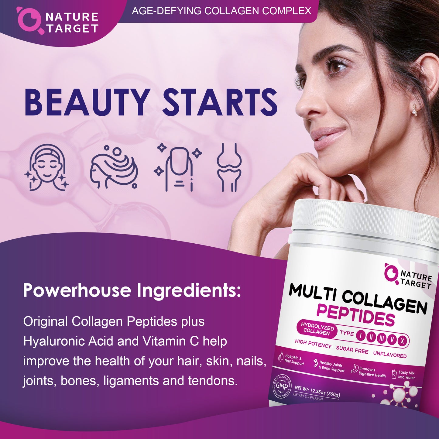 Nature Target 6-Type Collagen: CTP, 10g Peptides, 3B Pro, Vit C/HA - 90% Absorb, Skin/Joint/Bone/Hair/Nail - Unflavored - 24.7oz/70 Servings
