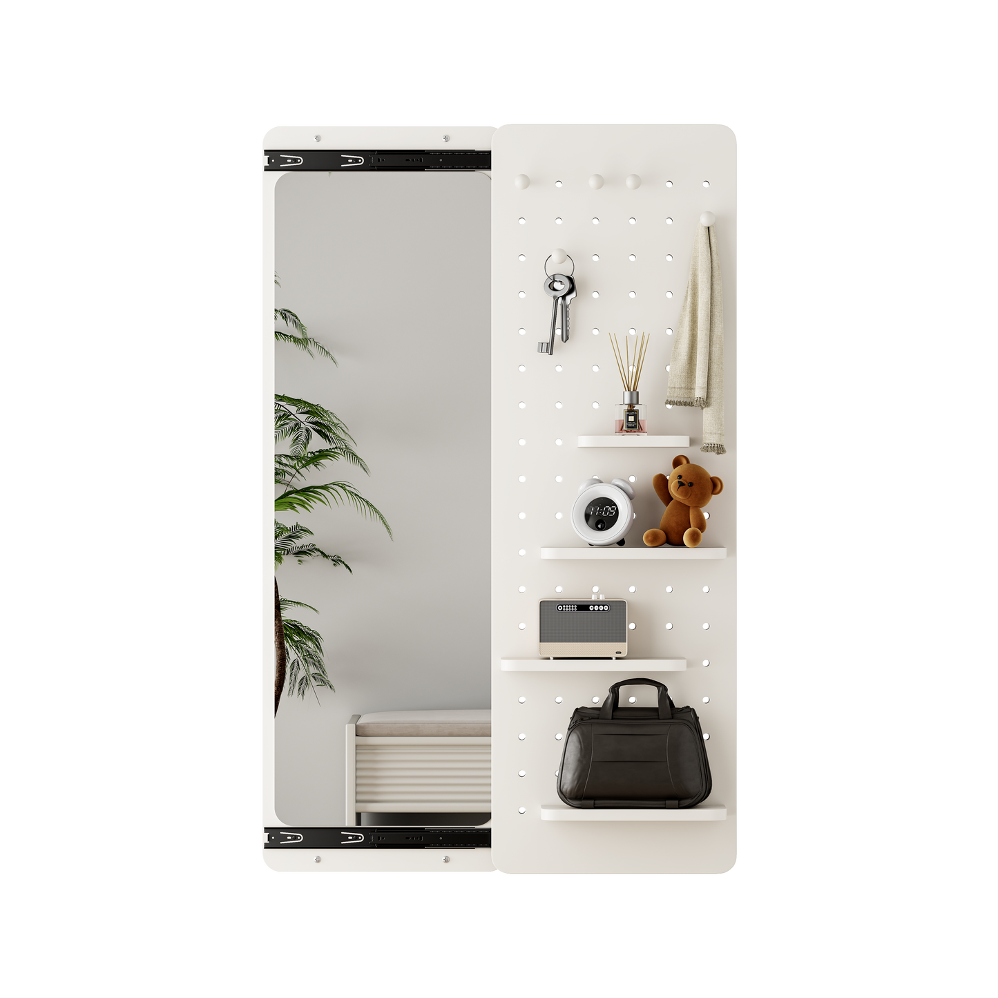 Sliding Door Full-Length Mirror with Pegboard Hooks, Multifunctional Wall-Mounted Organizer Mirror - PAIHOME