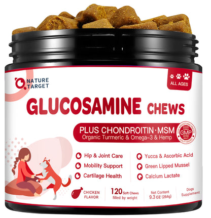 NATURE TARGET Dog Glucosamine Chews - Joint Support with Chondroitin, MSM, Omega-3, Hemp for Pain Relief, Hip & Joint Health, Plus Calcium for Bones, 120 Soft Chews