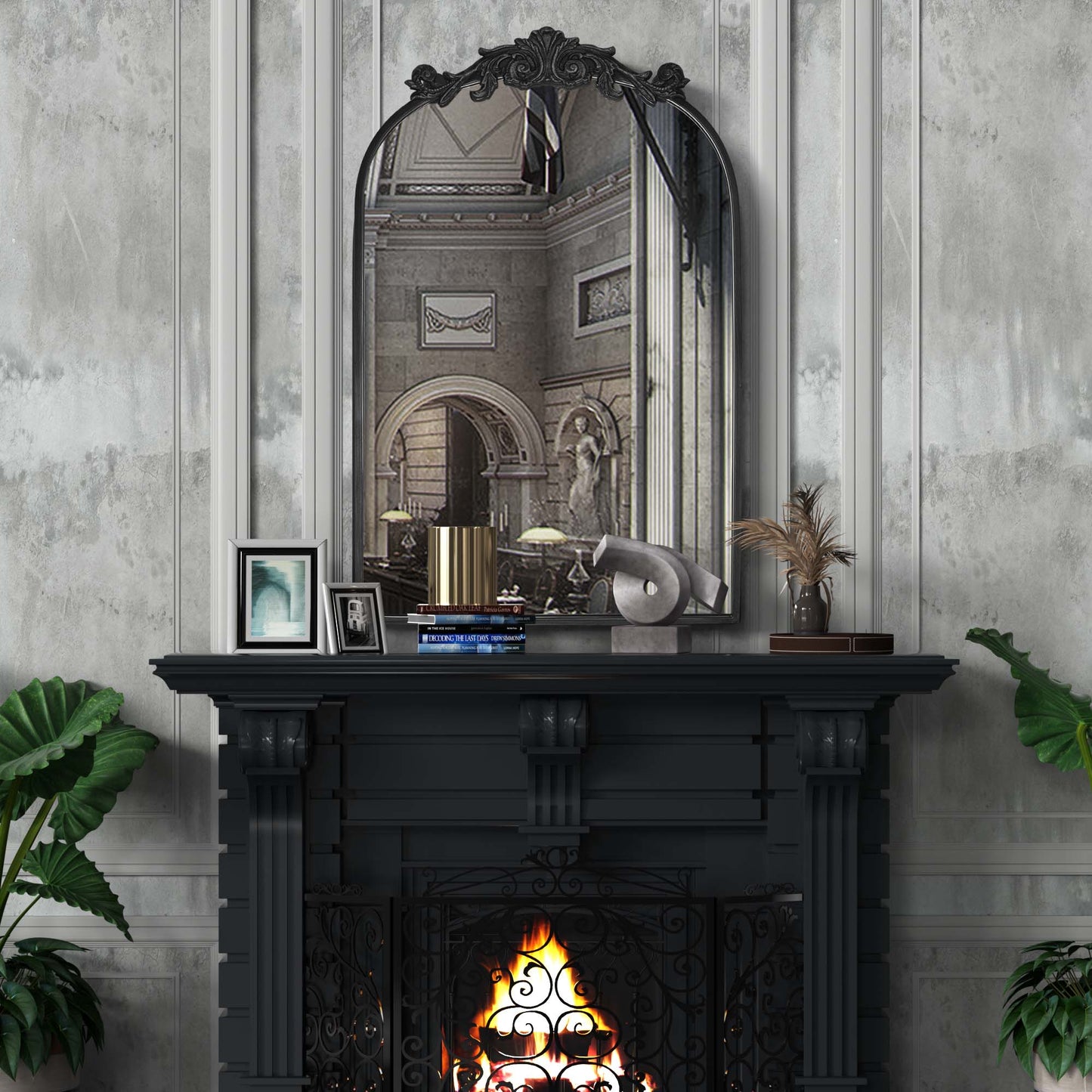 PAIHOME Vintage Arched Wall Mirror for Bathroom, Black Antique Mirror with Top Carving, Halloween Decorative Wall Mirror