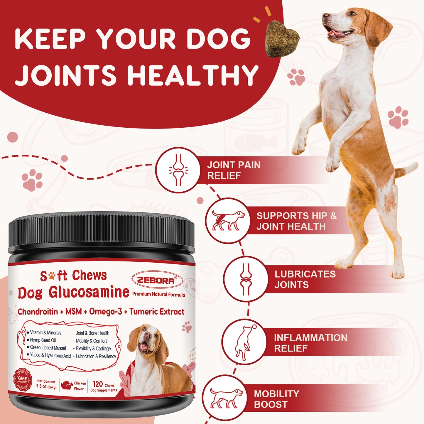 ZEBORA Dog Glucosamine with Chondroitin, MSM, Omega-3, Turmeric, Vitamins, Calcium & Phosphorus for Joint Pain Relief & Bone Health - 120 Soft Chews