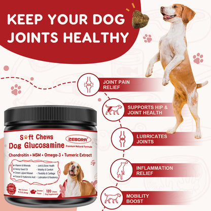 ZEBORA Dog Glucosamine with Chondroitin, MSM, Omega-3, Turmeric, Vitamins, Calcium & Phosphorus for Joint Pain Relief & Bone Health - 120 Soft Chews