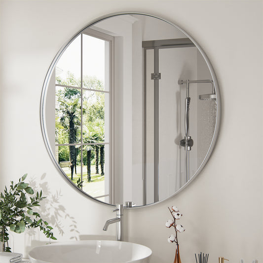 PAIHOME Silver Decorative Wall Mirror, Round Vanity Mirror, Iron Frame Modern Bathroom Mirror