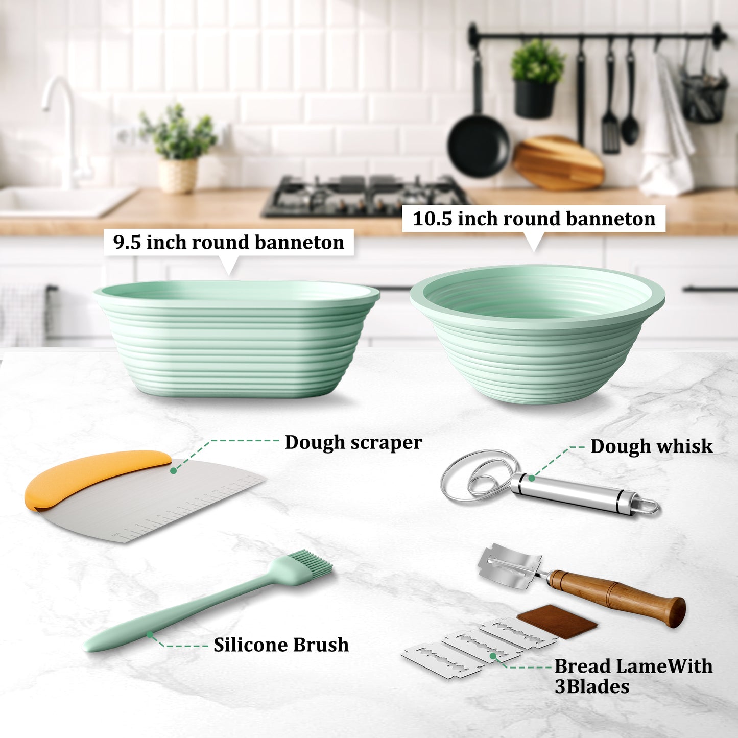 PAIHOME Bread Proofing Basket Set, Starter Kit for Sourdough Baking, Silicone Banneton Bowls for Artisan Loaves