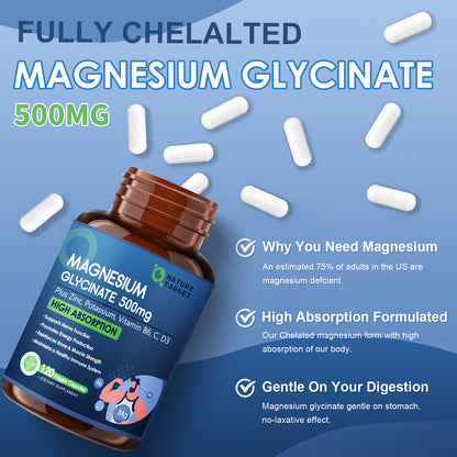 Magnesium Glycinate 500mg, Chelated Magnesium with Zinc & Vitamin D3 for Muscle, Nerve & Bone, Support Heart Health & Leg Cramp, Strength Immune System - 120 Capsules