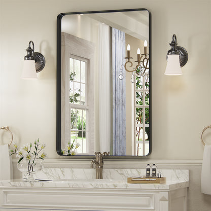 Bathroom Vanity Mirror,Black Rectangular Mirror with Rounded Corners,Metal Frame Decorative Wall Mirror-PAIHOME