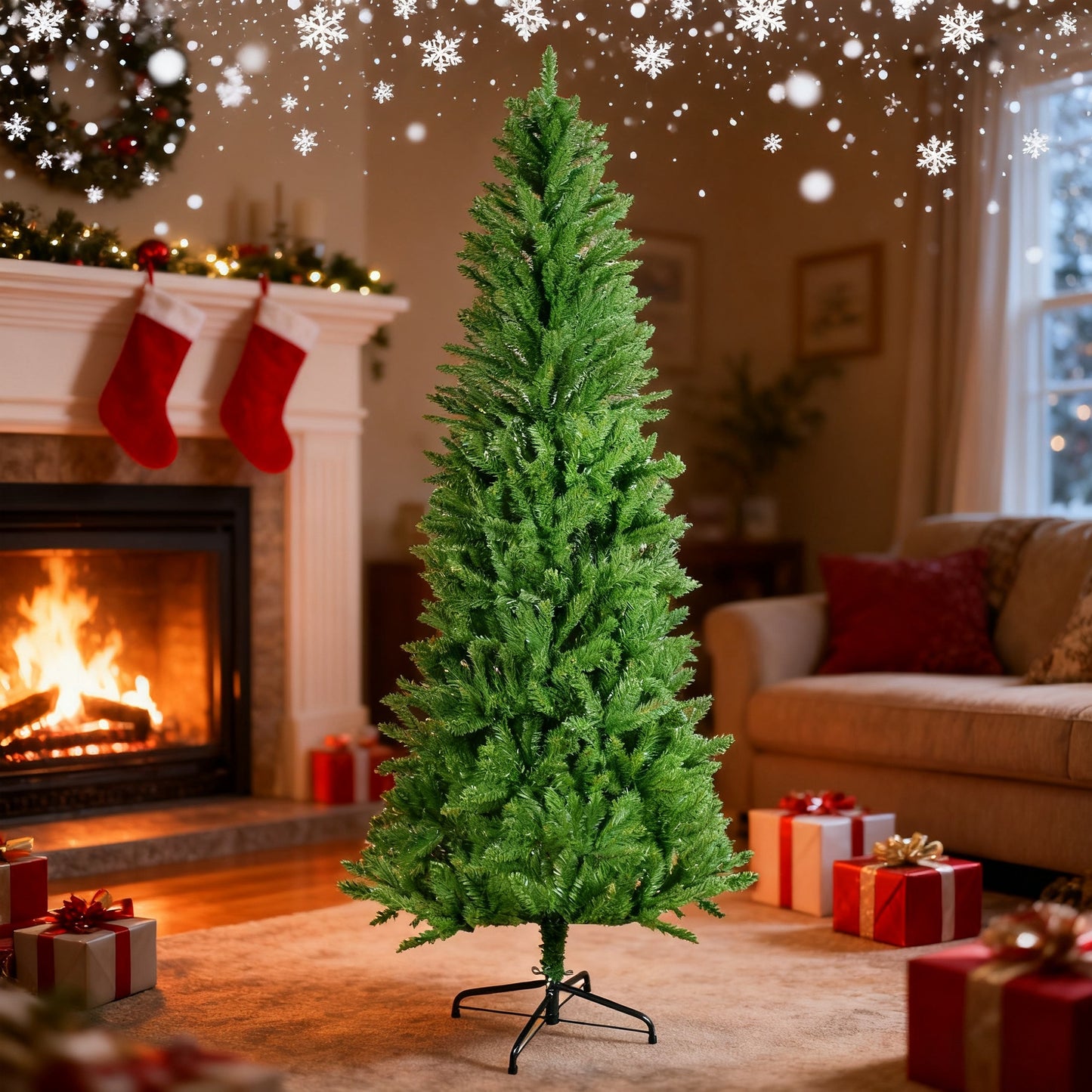 Artificial Christmas Tree - Realistic Green PVC Holiday Tree with Metal Stand for Small Spaces and Easy Assembly