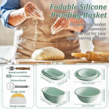 PAIHOME Bread Proofing Basket Set, Starter Kit for Sourdough Baking, Silicone Banneton Bowls for Artisan Loaves