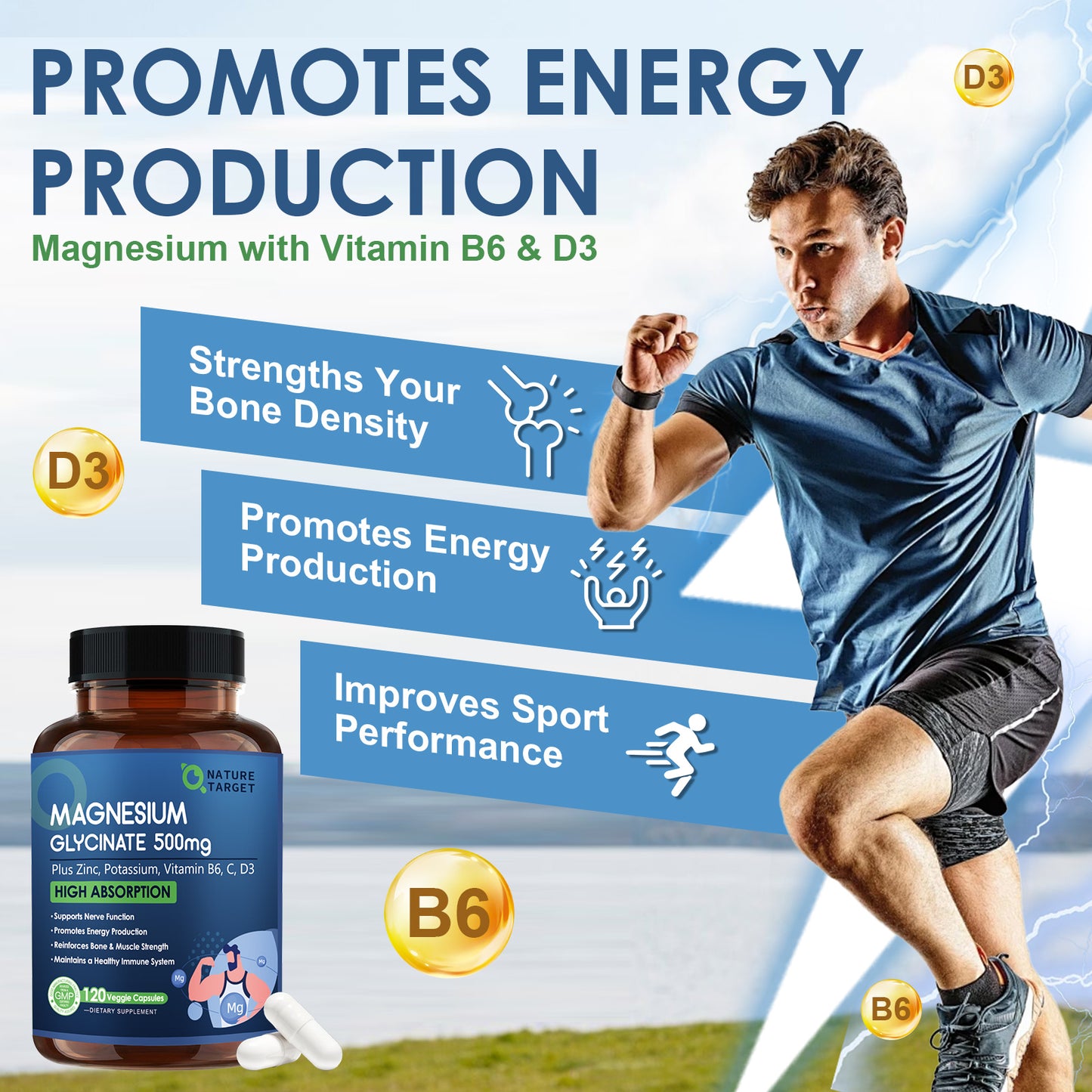 Magnesium Glycinate 500mg, Chelated Magnesium with Zinc & Vitamin D3 for Muscle, Nerve & Bone, Support Heart Health & Leg Cramp, Strength Immune System - 120 Capsules