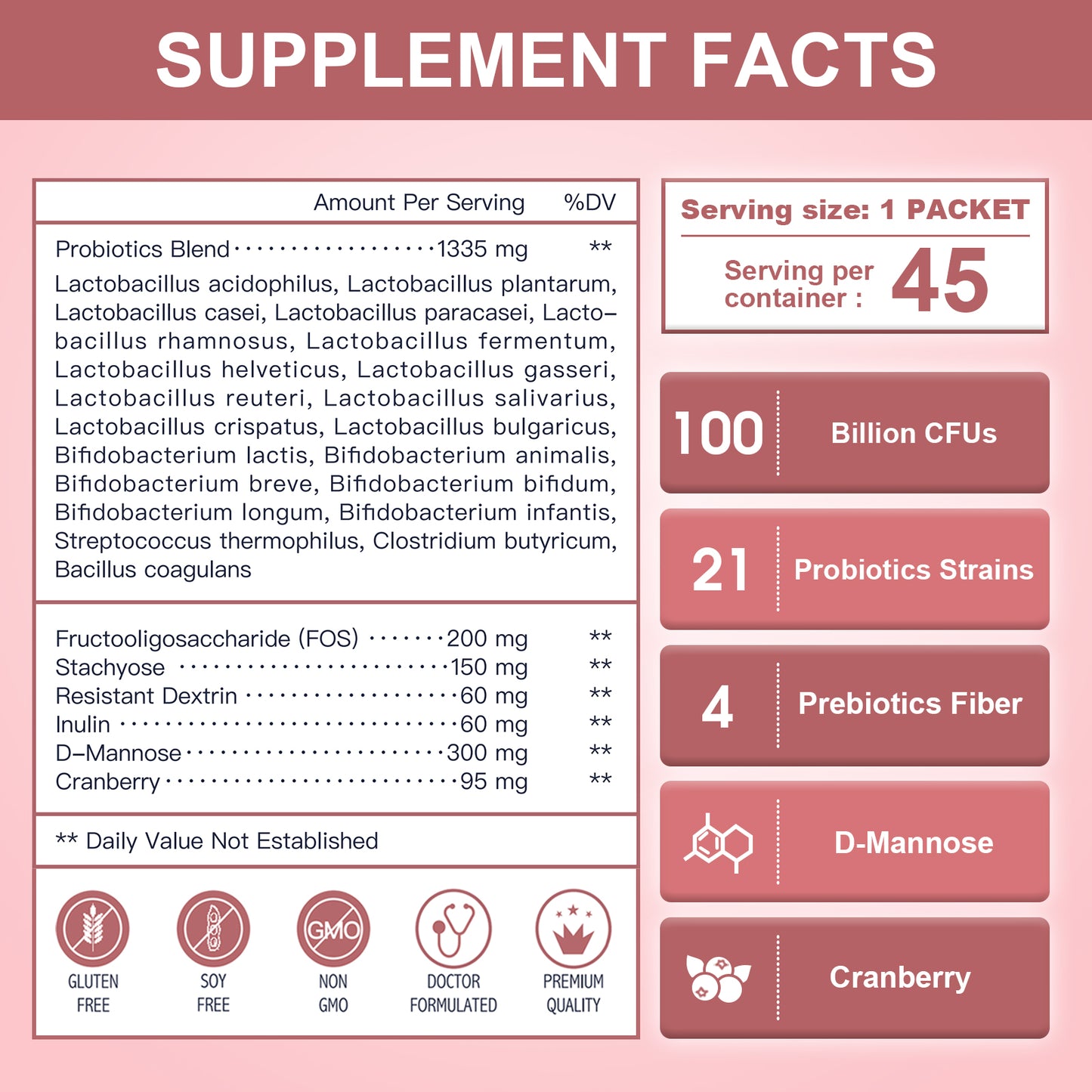 NATURE TARGET Women 4 in 1 Probiotics 100Billion CFU with D-Mannose and Cranberry -45packets