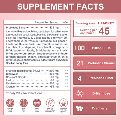 NATURE TARGET Women 4 in 1 Probiotics 100Billion CFU with D-Mannose and Cranberry -45packets