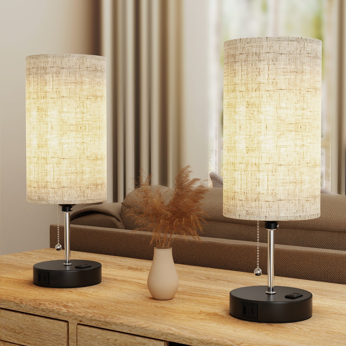 Modern Bedside Table Lamps Set with USB, Black Base Decorative Desk Lamp, Pull Chain Switch,  Beige Linen Drum Shades for Bedroom Living Room