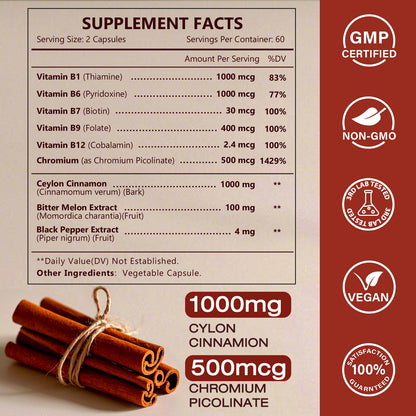 NATURE TARGET Ceylon Cinnamon Supplements Plus Chromium, Bitter Melon, Vegetarian - 120 Capsules