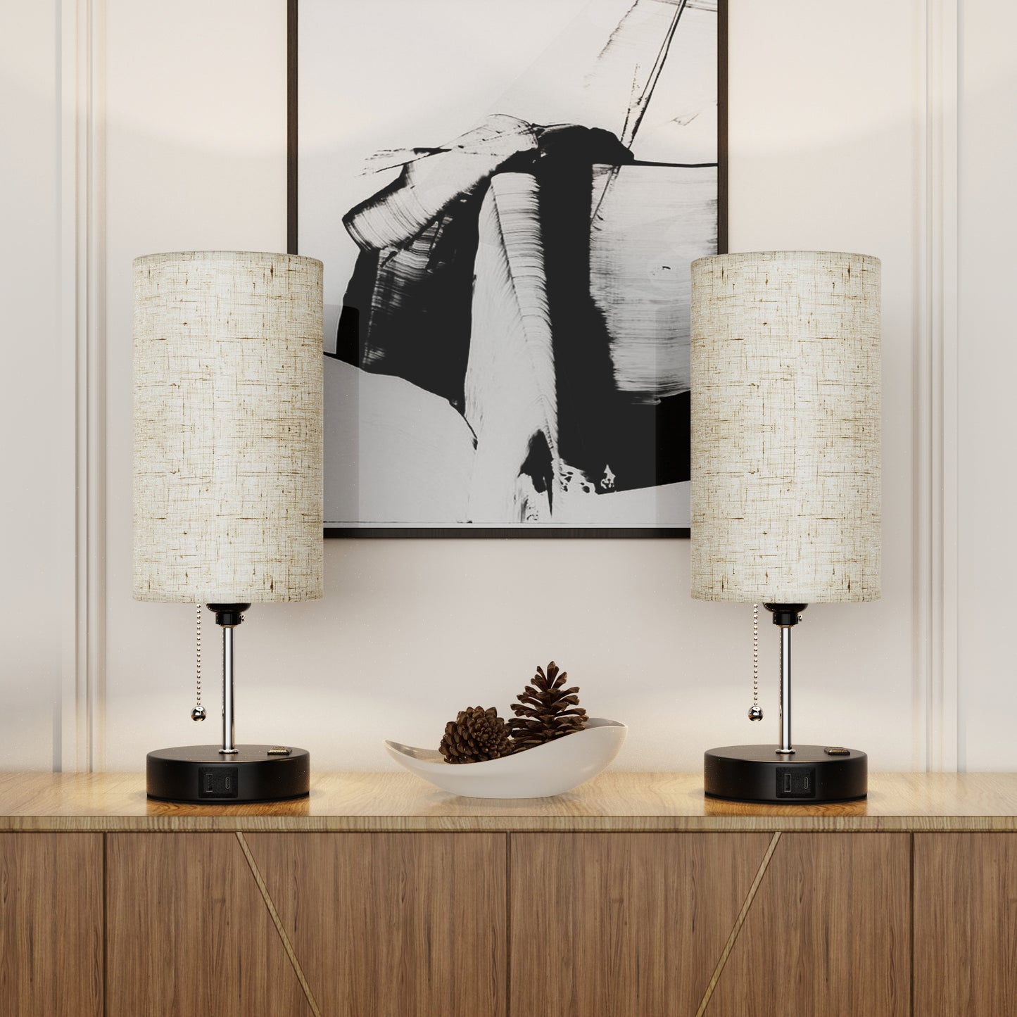 Modern Bedside Table Lamps Set with USB, Black Base Decorative Desk Lamp, Pull Chain Switch,  Beige Linen Drum Shades for Bedroom Living Room