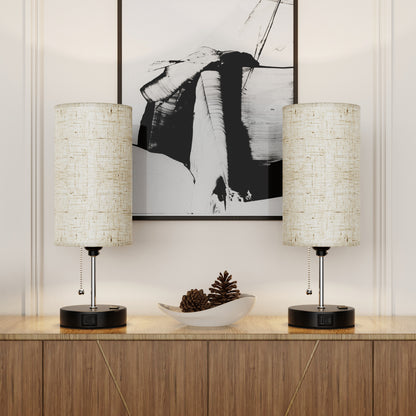 Modern Bedside Table Lamps Set with USB, Black Base Decorative Desk Lamp, Pull Chain Switch,  Beige Linen Drum Shades for Bedroom Living Room