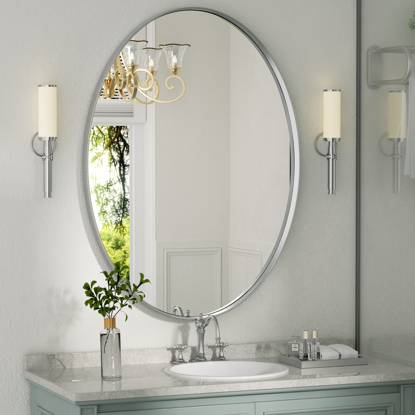 Oval Bathroom Mirror, Silver Vanity Mirror Wall Mounted - PAIHOME