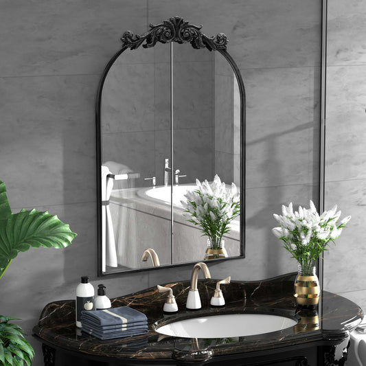 PAIHOME Vintage Arched Wall Mirror for Bathroom, Black Antique Mirror with Top Carving, Halloween Decorative Wall Mirror