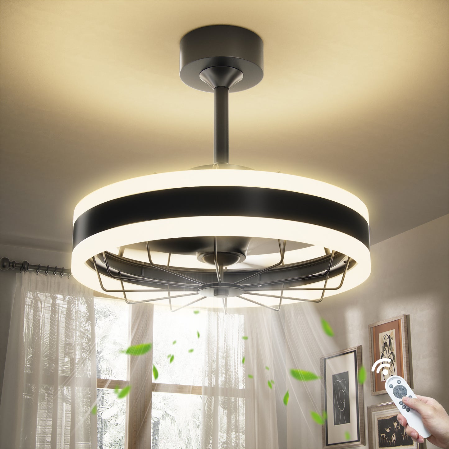 Black Ceiling Fan with Light Ring - Flush Mount Caged Industrial Fan for Bedroom, Living Room, or Kitchen - Energy Efficient Airflow Design