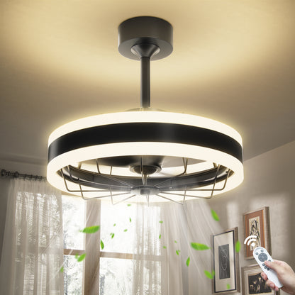 Black Ceiling Fan with Light Ring - Flush Mount Caged Industrial Fan for Bedroom, Living Room, or Kitchen - Energy Efficient Airflow Design