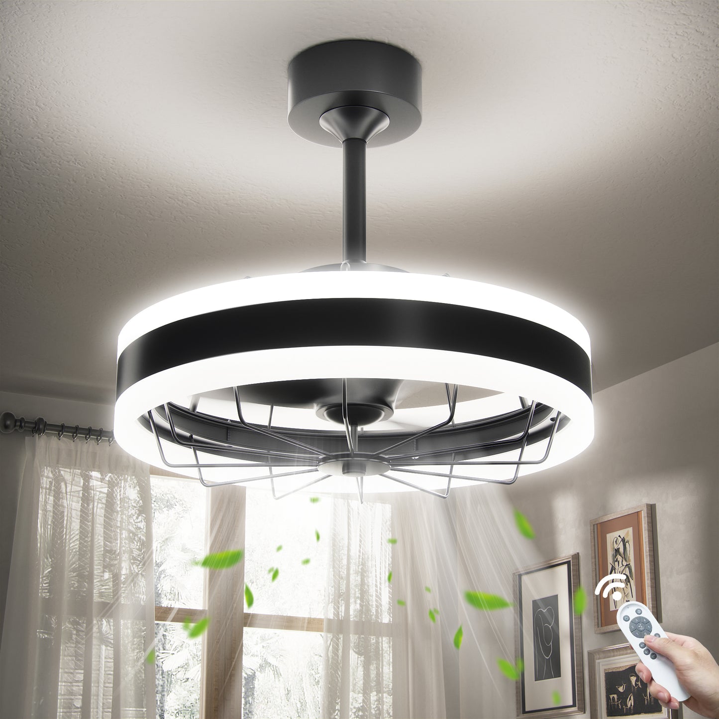 Black Ceiling Fan with Light Ring - Flush Mount Caged Industrial Fan for Bedroom, Living Room, or Kitchen - Energy Efficient Airflow Design