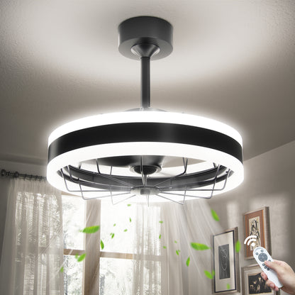 Black Ceiling Fan with Light Ring - Flush Mount Caged Industrial Fan for Bedroom, Living Room, or Kitchen - Energy Efficient Airflow Design