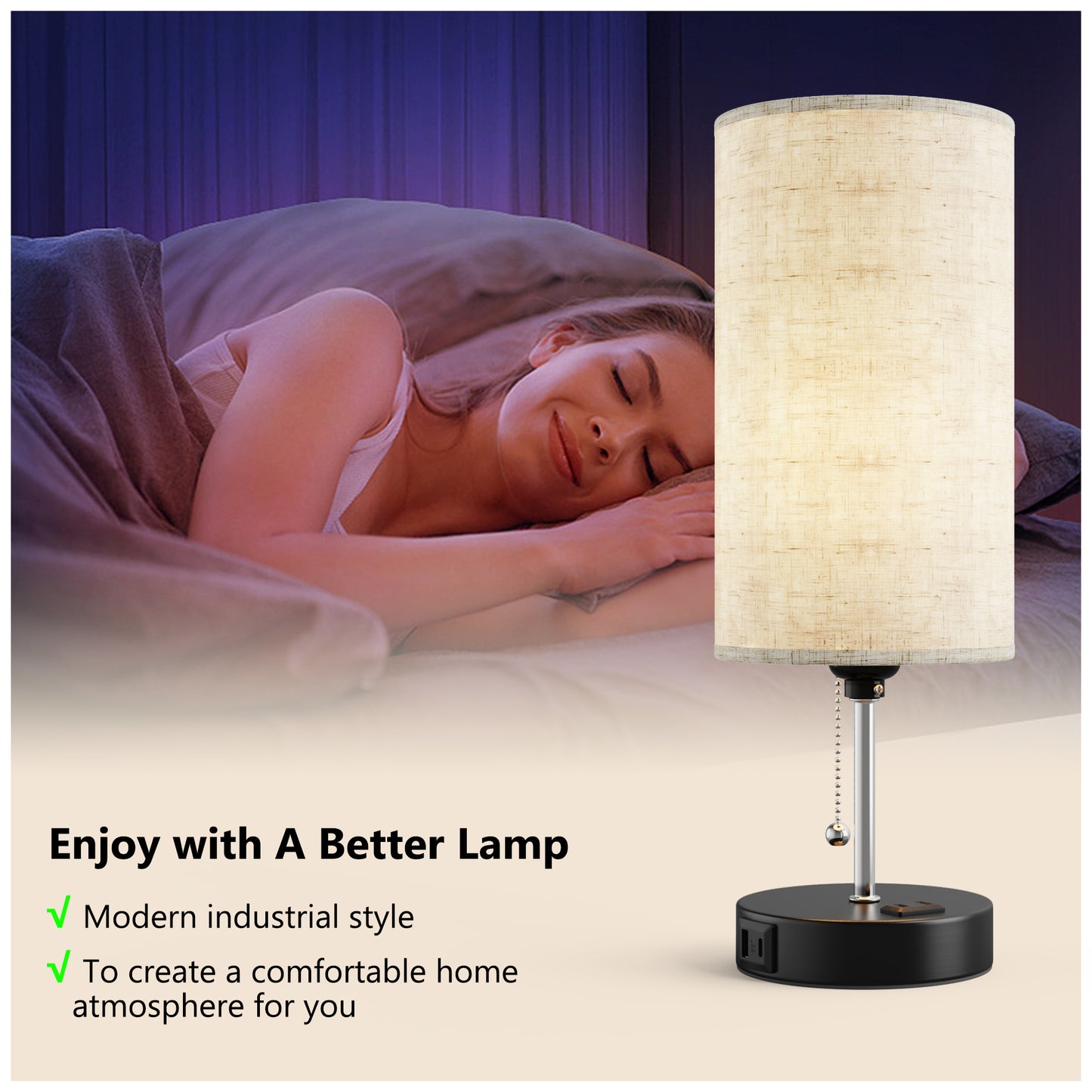 Modern Bedside Table Lamps Set with USB, Black Base Decorative Desk Lamp, Pull Chain Switch,  Beige Linen Drum Shades for Bedroom Living Room