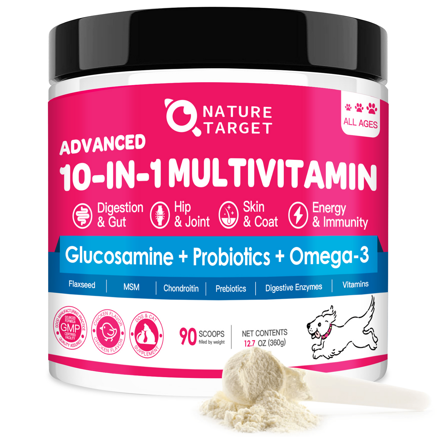 NATURE TARGET 10 in 1 Multivitamin for Dogs, Complete Supplement for Homemade Dog Food, Digestive & Joint & Skin & Immune Support  - 90 scoops