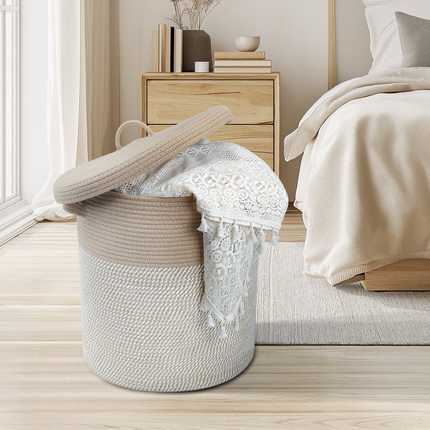 Woven Cotton Rope Storage Basket with Lid - Large Versatile Woven Hamper for Laundry, Blankets, Toys, and Home Organization