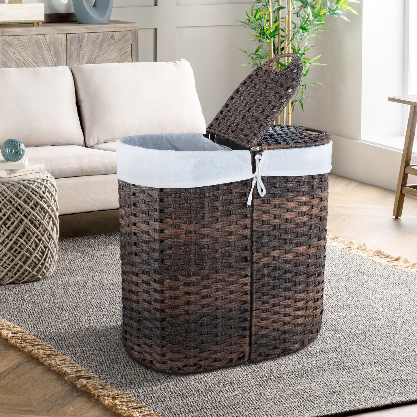 Woven Divided Laundry Hamper with Flip Lids and Removable Machine-Washable Liners - 2-Compartment Rattan-Style Basket for Bathroom, Bedroom, or Small Spaces