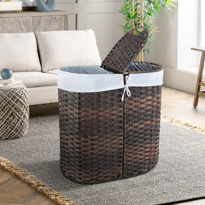 Woven Divided Laundry Hamper with Flip Lids and Removable Machine-Washable Liners - 2-Compartment Rattan-Style Basket for Bathroom, Bedroom, or Small Spaces